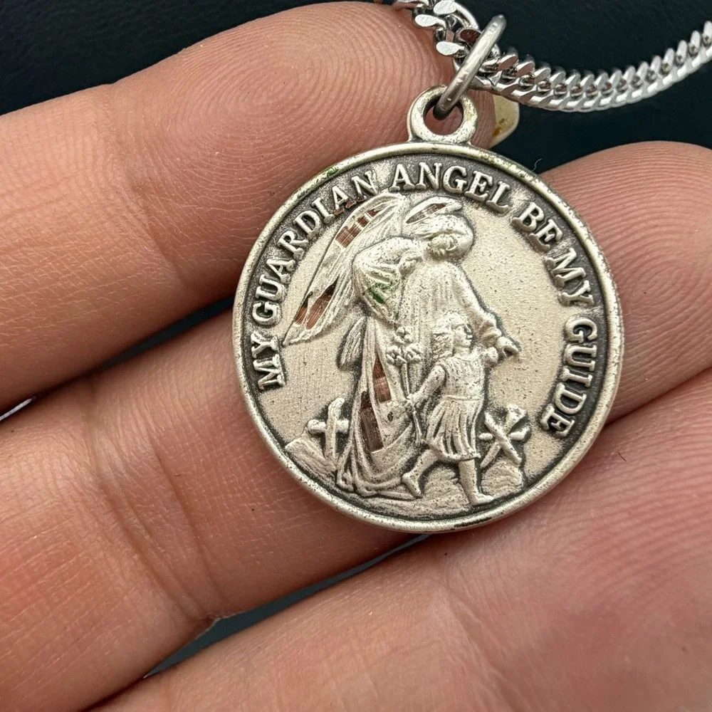 Vintage Creed Sterling Silver Medal Pendant Necklace Guardian Angel Be My Guide